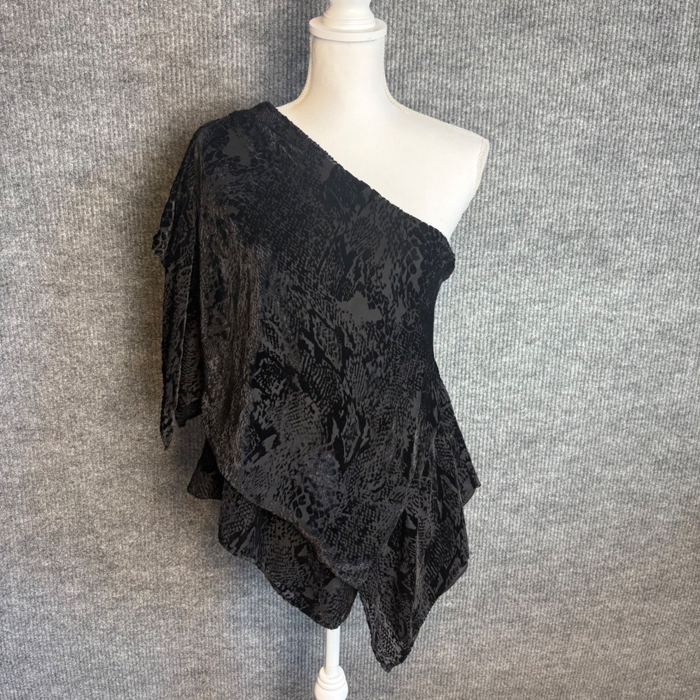 MM Couture Miss Me Black Burnout Velvet One Shoulder Top Snakeskin Silk Blend M